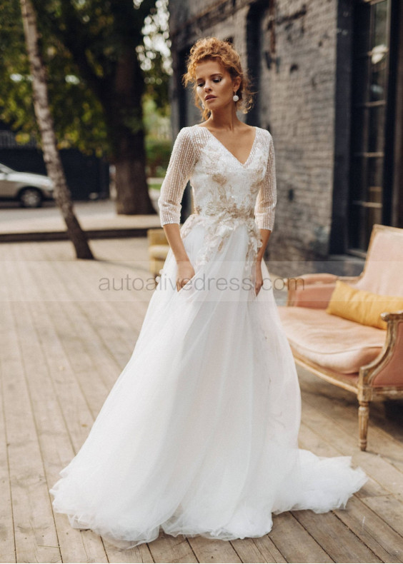 V Neck Sparkle Elegant Lace Wedding Dress